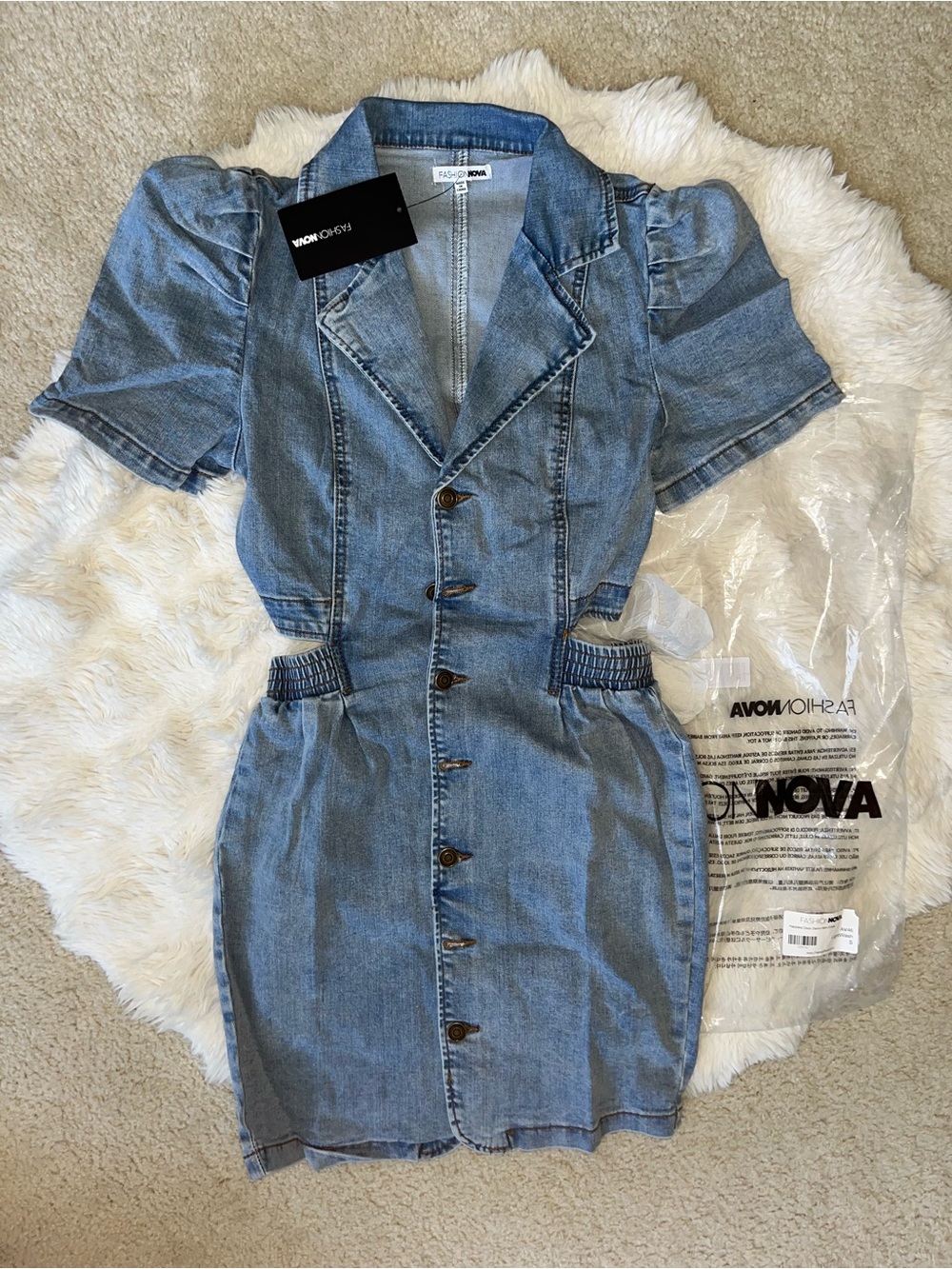✨ NWT Fashion Nova Happiest Days Denim Mini Dress Light Wash Cutout | S